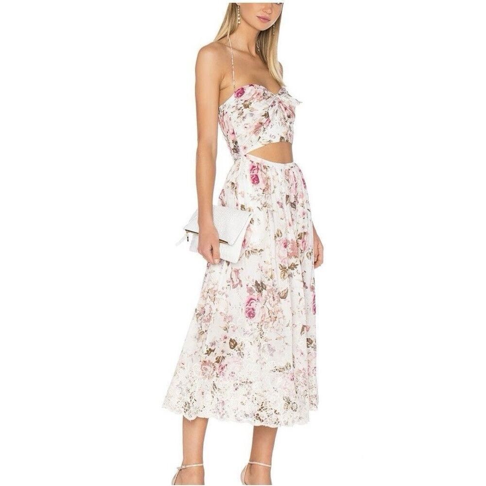 Zimmermann White Floral Cutout Midi Dress with Pink Roses